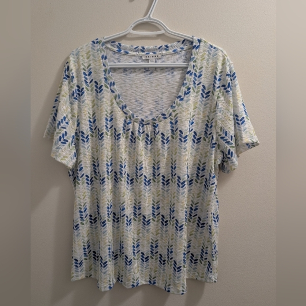 Tribal Blue Green Abstract Leaf Stretch Knit Top Short Sleeve Scoop Neck XL